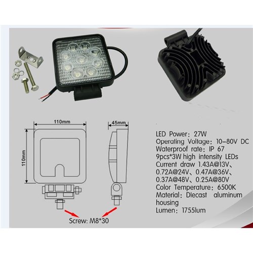 LED Worklight - Square (12-80 Volt - 27W) H = 110mm x W = 100mm